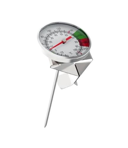 ​The Bean Bliss Clip-On Coffee Thermometer is a stainless steel barista tool designed for precise temperature control during milk frothing and coffee brewing.