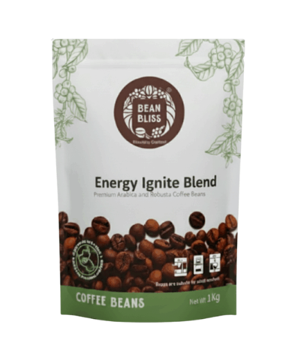 Bean Bliss Energy Ignite Coffee Blend – Premium Whole Roasted Coffee Beans – High-Caffeine Arabica & Robusta Mix – Bold, Smooth Flavor – Fresh Gourmet Roast – 1kg Bag