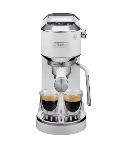 De’Longhi Dedica Duo EC890 Barista Coffee Machine with Pump, Espresso and Cold Brew, Manual Coffee Machine with Latte Art Steam Wand, 15 cm Wide, 2 Espressos, Touchscreen, Cups up to 13 cm (white)