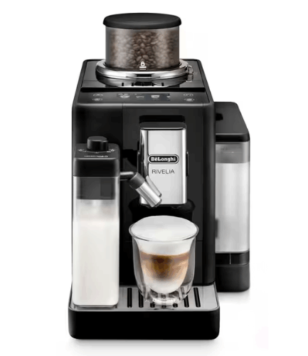 DeLonghi Rivelia EXAM440.55.W, Fully Automatic Coffee Maker with LatteCrema, Automatic Milk Frother, Compact Size, Bean-to-Cup Coffee Maker, 16 Recipes, Colored Touch Display (Black)